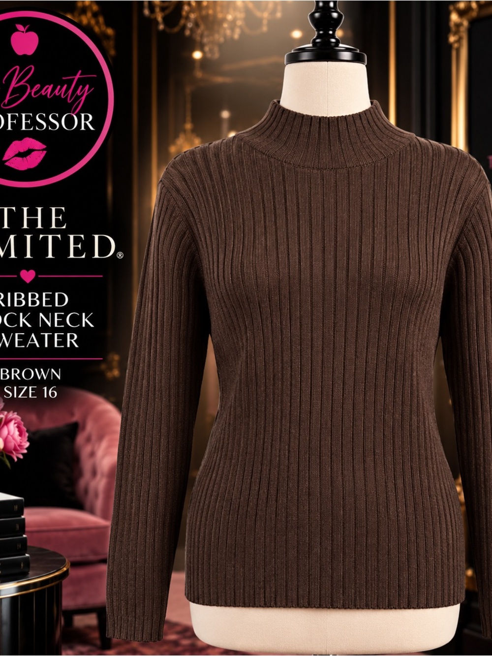 💕The Limited Brown Ribbed Mock Neck Sweater Size 16